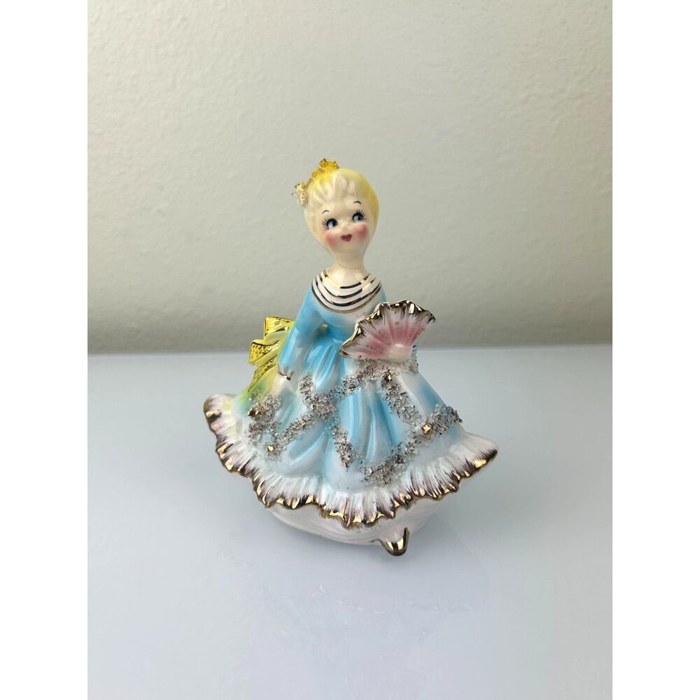 Victoria Ceramics Blue Dress Lady Figure w/ Fan Spaghetti Ceramic REPAIRED READ - Picture 2 of 16